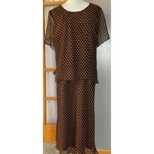 Vtg 80s JBS Ltd Layered Maxi Dress 24W Brown Polka Dots Chiffon Short Sleeve
